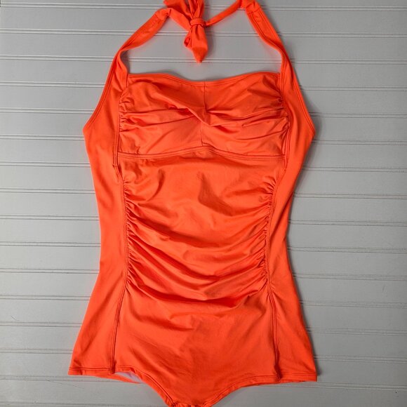 Women's Orange Retro Halter Twist Front One Piece Boy Short Swimsuit Size XL - Picture 2 of 10